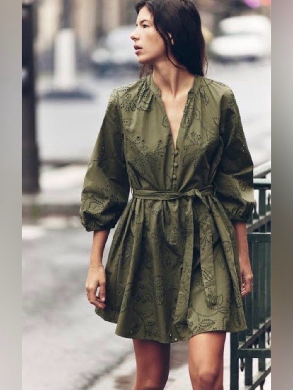 Zara Olive Eyelet Belted Mini Dress
